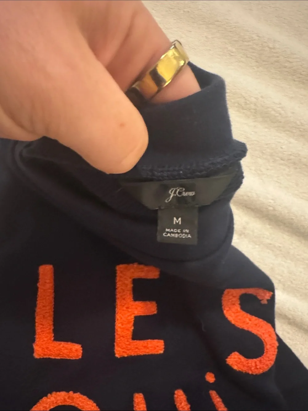 J. Crew Navy Crewneck Sweater with Bright Orange 'LE SKI? Oui Oui!'